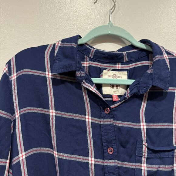 SO Button Up Flannel Perfect Shirt Relaxed Top Navy & White Checkered Womens XL - Picture 2 of 7